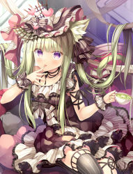 Rule 34 | 1girl, :p, animal ear fluff, animal ears, black bow, black dress, blush, bow, cat ears, cat girl, cat tail, closed mouth, collarbone, commentary request, cup, dress, finger to mouth, frilled dress, frills, green hair, holding, holding cup, long hair, original, purple eyes, smile, solo, striped, striped bow, tail, takano yuki (allegro mistic), tongue, tongue out, twintails, very long hair, white bow, wrist cuffs