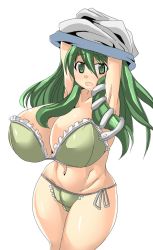 Rule 34 | 1girl, bra, breasts, cleavage, curvy, female focus, green eyes, green hair, hip focus, huge breasts, kochiya sanae, lingerie, long hair, matching hair/eyes, nira, open mouth, panties, simple background, snake, solo, thick thighs, thighs, touhou, underwear, undressing, white background, wide hips