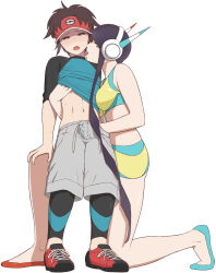 Rule 34 | 1boy, 1girl, age difference, aqua footwear, bare arms, bike shorts, black hair, blue eyes, blush, breasts, brown eyes, brown hair, clothes lift, creatures (company), elesa (pokemon), flats, game freak, gym leader, hand on another&#039;s chest, hand on another&#039;s knee, handjob, headphones, height difference, hetero, highres, licking, licking another&#039;s face, long hair, medium breasts, mizuno (pixiv31352320), nate (pokemon), navel, nintendo, on one knee, open mouth, pokemon, pokemon bw2, red footwear, revision, shiny skin, shirt lift, shorts, sidelocks, tall female, tongue, very long hair, visor cap, white background