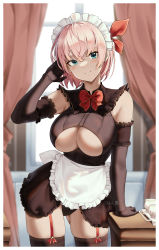 Rule 34 | 1girl, absurdres, apron, aqua eyes, arm rest, black gloves, blurry, blurry background, blush, bow, bowtie, breasts, closed mouth, clothing cutout, cowboy shot, cup, curtains, detached sleeves, elbow gloves, frills, garter straps, gloves, gluteal fold, gohan oni, hair bow, hand up, highres, large breasts, looking at viewer, maid apron, maid headdress, original, pink hair, red bow, red bowtie, short hair, skindentation, smile, solo, teacup, thighhighs, thighs, underboob cutout