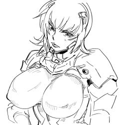 Rule 34 | 1girl, armor, bb (baalbuddy), bodysuit, breasts, covered erect nipples, female focus, large breasts, looking at viewer, monochrome, muv-luv, short hair, solo, source request