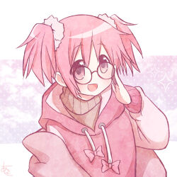 1girl adjusting_eyewear alternate_costume aroze bespectacled black-framed_eyewear bow brown_sweater casual cloud commentary_request glasses hair_ornament hair_scrunchie hand_on_eyewear happy hood hood_down hoodie jacket kaname_madoka layered_sleeves letterboxed light_blush long_sleeves looking_at_viewer mahou_shoujo_madoka_magica mahou_shoujo_madoka_magica_(anime) open_clothes open_jacket open_mouth outside_border pink_background pink_bow pink_eyes pink_hair pink_hoodie pink_jacket pink_scrunchie pink_theme polka_dot polka_dot_background puffy_long_sleeves puffy_sleeves round_eyewear scrunchie short_hair short_twintails signature smile solo sparkle sweater tareme turtleneck turtleneck_sweater twintails two-tone_background upper_body white_background