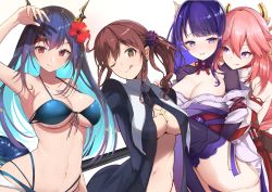 Rule 34 | 4girls, ;q, absurdres, arknights, arm up, armpits, bad id, bad pixiv id, bare shoulders, bikini, blue bikini, blue hair, breasts, brown eyes, brown hair, ch&#039;en (arknights), ch&#039;en the holungday (arknights), ch&#039;en the holungday (elite ii) (arknights), cleavage, commentary request, commission, cross, cross necklace, dragon horns, flower, genshin impact, hair flower, hair ornament, head tilt, hibiscus, highres, horns, japanese clothes, jewelry, kimono, large breasts, long hair, looking at viewer, mole, mole under eye, multiple girls, navel, necklace, noel (tsukihime), one eye closed, parted lips, pink hair, purple eyes, purple hair, purple kimono, raiden shogun, red eyes, red flower, simple background, skeb commission, stomach, swimsuit, thighhighs, thighs, tongue, tongue out, tsukihime, tsukihime (remake), upper body, white background, yae miko, yuzuruka (bougainvillea)