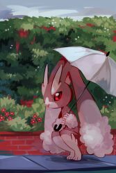 absurdres brown_fur creatures_(company) elricflavia game_freak gen_4_pokemon grey_sky hedge highres holding holding_umbrella looking_at_viewer lopunny nintendo outdoors pokemon pokemon_(creature) red_eyes sidewalk sky solo squatting two-tone_fur umbrella