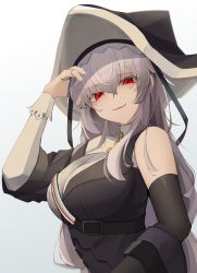 Rule 34 | 1girl, absurdres, arknights, arm up, asymmetrical clothes, black dress, black hat, breasts, dress, fang, grey hair, hair between eyes, hand in own hair, hat, highres, large breasts, long hair, long sleeves, looking at viewer, parted lips, red eyes, simple background, smile, solo, specter (arknights), specter the unchained (arknights), upper body, very long hair, white background, yuu azma