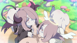 Rule 34 | 1boy, 2girls, ass, black robe, blush, brown eyes, censored, cooperative fellatio, fellatio, half-closed eyes, halo, hand on another&#039;s head, horns, jcm2, large penis, little witch academia, looking at viewer, medium hair, mosaic censoring, multiple girls, oral, outdoors, penis, pov, purple hair, robe, sleeves past wrists, sucy manbavaran, tail, testicle sucking, testicles, white robe, wings