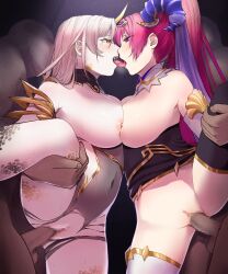 Rule 34 | 2boys, 2girls, anesaki, asymmetrical legwear, bare shoulders, bisexual female, blush, bottomless, breast press, breasts, breasts out, censored, commission, covered navel, curled horns, detached collar, detached sleeves, faceless, faceless male, fire emblem, fire emblem heroes, french kiss, goat horns, gold trim, grey hair, group sex, gullveig (fire emblem), hair ornament, heavy breathing, highres, holding legs, horns, kiss, large breasts, leg up, leotard, long hair, mature female, mosaic censoring, multiple boys, multiple girls, nerthus (fire emblem), nintendo, nipples, pale skin, penis, pink hair, purple eyes, purple hair, pussy, saliva, scales, sex, single horn, skeb commission, skin tight, symmetrical docking, thick thighs, thighhighs, thighs, torn clothes, vaginal, veil, yellow eyes, yellow horns, zettai ryouiki