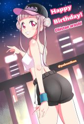 Rule 34 | 1girl, arashi chisato, artist name, artist request, ass, bare shoulders, black hat, black shorts, blue sky, blue wristband, blush, breasts, city, city lights, cloud, collarbone, double bun, female focus, fragments of courage, from behind, hair bun, hat, highres, long hair, long sleeves, looking at viewer, looking back, love live!, love live! school idol festival, love live! superstar!!, medium breasts, nail, nail polish, night, night sky, outdoors, pabsmikan, parted lips, peaked cap, pink nails, red eyes, shirt, short shorts, shorts, sky, smile, solo, sparkle, tank top, teeth, twintails, white hair, white shirt, white tank top, wristband, yuuki no kakera, yuuki no kakera (love live!)