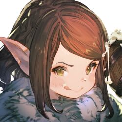 Rule 34 | &gt;:), 1girl, alcohol, beer, braid, brown hair, close-up, crown braid, cup, drinking, final fantasy, final fantasy xiv, from side, froth, fur trim, giott, green eyes, holding, holding cup, lalafell, licking lips, looking at viewer, mono (monoia14), pointy ears, portrait, short hair, simple background, smile, solo, swept bangs, tankard, tongue, tongue out, v-shaped eyebrows, white background