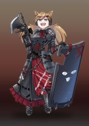 Rule 34 | 1girl, absurdres, animal ears, armor, armored dress, axe, ballistic shield, blonde hair, boots, borrowed clothes, brown background, bushman ltd., cat ears, chain, commentary, cosplay, english commentary, full body, girls&#039; frontline, gradient background, grey eyes, gun, handgun, headset, highres, idw (girls&#039; frontline), long hair, machine gun, machine pistol, open mouth, parker-hale, parker-hale idw, parker-hale pdw, personal defense weapon, pistol, plate armor, prototype design, red neckwear, rheinlander instruments corp., shield, shikikan zoey, solo, spas-12 (goblin huntress) (girls&#039; frontline), spas-12 (goblin huntress) (girls&#039; frontline) (cosplay), submachine gun, suppressor, teeth, upper teeth only, weapon