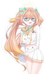 1girl :d arms_behind_back blue_archive blue_eyes breasts commentary_request glasses gradient_hair green_ribbon grey-framed_eyewear hair_ornament hairclip halo highres looking_at_viewer multicolored_hair neck_ribbon nonsugar open_mouth orange_hair partial_commentary pleated_skirt ribbon sailor_collar school_uniform serafuku shimiko_(blue_archive) simple_background skirt smile solo tongue white_background white_serafuku white_skirt yellow_halo yellow_sailor_collar