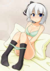 Rule 34 | 1girl, arms between legs, bed, bed sheet, black hairband, black ribbon, black socks, blue eyes, blush, bow, bow bra, bow panties, bra, breasts, closed mouth, commentary request, convenient censoring, frilled bra, frilled panties, frills, frown, green bra, green panties, hair ribbon, hairband, highres, indoors, konpaku youmu, kurenaidahlia, lace, lace-trimmed bra, lace-trimmed panties, lace trim, legs, looking at viewer, medium breasts, on bed, panties, panties around ankles, panty pull, pillow, ribbon, short hair, silver hair, sitting, socks, solo, touhou, underwear, underwear only, v arms