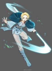 Rule 34 | 1girl, alternate costume, blonde hair, blue dress, blue footwear, blue lightsaber, boots, breasts, commentary, double bladed lightsaber, dress, energy sword, fire emblem, fire emblem: three houses, forehead, full body, fur trim, green eyes, grey background, grey pants, highres, holding lightsaber, ingrid brandl galatea, lightsaber, long sleeves, looking at viewer, medium breasts, nintendo, open mouth, pants, short dress, short hair, silvercandy gum, simple background, solo, star wars, sword, weapon, wide sleeves