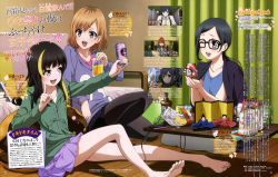 Rule 34 | 10s, 3girls, :d, ;d, absurdres, alcohol, andou tsubaki, barefoot, beer, beer can, black eyes, black hair, blush, brown hair, can, cellphone, chips (food), cup, drink can, drinking glass, feet, food, glasses, highres, hinamatsuri, hood, hoodie, index finger raised, low ponytail, miyamori aoi, multicolored hair, multiple girls, official art, one eye closed, open mouth, pantyhose, phone, potato chips, satou sara, shirobako, skirt, smartphone, smile, streaked hair, sugidomari tomoko, sweater
