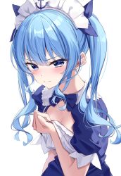 Rule 34 | 1girl, blue eyes, blue hair, blush, cosplay, embarrassed, hair between eyes, hair ribbon, highres, hololive, hoshimachi suisei, long hair, looking at viewer, maid headdress, minato aqua, minato aqua (1st costume), minato aqua (cosplay), muyamii, oversized breast cup, ribbon, simple background, solo, star (symbol), star in eye, symbol in eye, twintails, upper body, virtual youtuber, white background