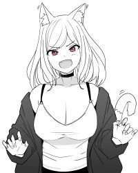 Rule 34 | 1girl, :d, animal ears, bare shoulders, breasts, cat ears, cat tail, choker, claw pose, cleavage, copyright request, fangs, female focus, h2o (ddks2923), highres, jacket, large breasts, looking at viewer, off shoulder, open clothes, open jacket, open mouth, red eyes, shirt, simple background, smile, solo, spot color, swept bangs, tail, upper body