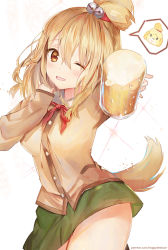 Rule 34 | 1girl, alcohol, animal crossing, beer, beer mug, blonde hair, bow, bowtie, buttons, cup, dedeko, dog girl, green skirt, highres, humanization, isabelle (animal crossing), long sleeves, mug, nintendo, one eye closed, personification, red bow, red bowtie, shirt, skirt, solo, speech bubble, tail, yellow shirt