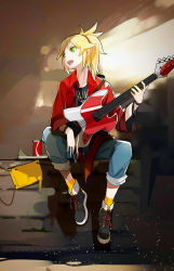Rule 34 | 1girl, absurdres, alternate costume, black shirt, blonde hair, blouse, blue pants, collarbone, contemporary, dress shirt, fate/apocrypha, fate (series), full body, green eyes, guitar, hair ornament, highres, holding, holding instrument, instrument, long hair, looking to the side, mordred (fate), mordred (fate/apocrypha), open clothes, open mouth, open shirt, pants, ponytail, red shirt, shirt, sitting, solo, takumi chiho