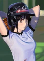 Rule 34 | 1girl, arms behind head, arms up, baseball, baseball glove, baseball helmet, brown eyes, brown hair, closed mouth, day, helmet, highres, light frown, long hair, original, outdoors, pitching, shirt, solo, some1else45, sportswear, throwing, upper body, white shirt