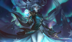 Rule 34 | 1girl, alternate costume, antenna hair, armor, aurora, black nails, bracelet, breasts, chenbo, closed mouth, commentary, diana (league of legends), dress, english commentary, expressionless, facial mark, facial tattoo, fingernails, floating hair, forehead mark, forehead tattoo, green dress, green eyes, hair ornament, highres, holding, holding weapon, jewelry, league of legends, light particles, long hair, long sleeves, looking ahead, medium breasts, mountain, nail polish, night, night sky, object floating above hand, official alternate costume, official art, outdoors, pants, parted lips, shoulder armor, sidelocks, sky, snowflakes, solo, star (sky), tattoo, two-tone dress, very long hair, weapon, white dress, white hair, white pants, wide sleeves, winterblessed diana