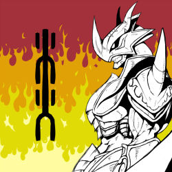 Rule 34 | armor, digimon, fire, helmet, horns, kanji, solo, vritramon