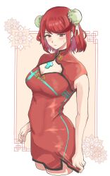 Rule 34 | 1girl, alternate costume, blush, border, breasts, bun cover, chest jewel, china dress, chinese clothes, cleavage cutout, closed mouth, clothing cutout, cropped legs, double bun, dress, eyelashes, hair bun, highres, large breasts, medium hair, pyra (xenoblade), red dress, red eyes, red hair, shadow, short dress, sidelocks, sleeveless, sleeveless dress, solo, swept bangs, white border, xenoblade chronicles (series), xenoblade chronicles 2, yamame 012