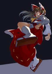 Rule 34 | 1girl, absurdres, ascot, bloomers, blush, bow, breasts, brown hair, clenched hand, clenched teeth, commentary, cookie (touhou), detached sleeves, dress, frilled bow, frilled hair tubes, frills, full body, geta, hair bow, hair tubes, hakurei reimu, highres, kanna (cookie), kto znaet, long hair, looking at viewer, red bow, red dress, red eyes, ribbon-trimmed sleeves, ribbon trim, sleeveless, sleeveless dress, solo, tabi, teeth, touhou, underwear, white legwear, white sleeves, yellow ascot