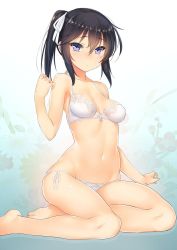 Rule 34 | 1girl, 47agdragon, bare legs, barefoot, black hair, bra, breasts, character request, copyright request, floral background, hair ribbon, hand up, highres, looking at viewer, medium hair, navel, panties, purple eyes, ribbon, side ponytail, sidelocks, sitting, small breasts, solo, underwear, underwear only, white bra, white panties, yokozuwari