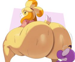 Rule 34 | 1girl, androgynous, animal, animal crossing, animal ears, ass, ass focus, black eyes, blush, bottomless, colored skin, curvy, dinosaur, dog, dog ears, dog girl, dog tail, eric lowery, female focus, floppy ears, highres, huge ass, isabelle (animal crossing), legs, legs apart, looking at another, looking back, naughty face, nintendo, no panties, partially undressed, plump, purple skin, seductive smile, simple background, smile, solo, spread legs, standing, surprised, sweat, sweatdrop, tail, tail raised, thick thighs, thighs, uncensored, video game, wide hips, yellow skin