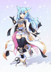 Rule 34 | 1girl, animal ears, armor, azur lane, binato lulu, black gloves, black thighhighs, blue hair, blunt bangs, boots, breastplate, commentary request, commission, cosplay, fox ears, gloves, gradient background, granblue fantasy, hair between eyes, jacket, long hair, long jacket, long sleeves, looking at viewer, neptune (azur lane), open clothes, open hand, open jacket, open mouth, shadow, shell hair ornament, sidelocks, solo, thighhighs, white background, yuisis (granblue fantasy), yuisis (granblue fantasy) (cosplay), zettai ryouiki