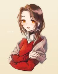Rule 34 | 1girl, absurdres, artist name, babiniku, blush, brown hair, collared shirt, cropped torso, dated, forehead, hair over shoulder, highres, indie virtual youtuber, kumoito mana, light brown background, long hair, long neck, long sleeves, looking at viewer, looking to the side, mole, mole under mouth, naname (7name), open mouth, orange eyes, red sweater, shirt, sidelocks, signature, simple background, sleeves past wrists, solo, sweater, v-neck, white shirt