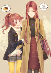 Rule 34 | 2girls, :d, absurdres, arm hug, bag, blush, brown background, brown eyes, brown hair, coat, coffee, coffee cup, commentary, cowboy shot, cup, disposable cup, doughnut, earrings, food, gloves, hair ornament, hair scrunchie, handbag, highres, holding hands, idolmaster, idolmaster cinderella girls, jewelry, long coat, long hair, looking at another, multiple girls, necklace, open mouth, pantyhose, peppe, plate, ponytail, red hair, scrunchie, shiina noriko, shorts, shoulder bag, skirt, smile, speech bubble, spoken food, sweater, thighhighs, very long hair, yuri, zaizen tokiko