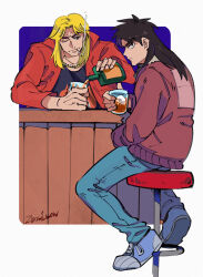 Rule 34 | 2boys, alcohol, bar (place), bar stool, black eyes, black hair, black shirt, blonde hair, blue footwear, blue pants, brown jacket, chain, chain necklace, cigarette, closed mouth, commentary request, counter, cup, frown, full body, gold chain, highres, holding, holding cup, ice, ice cube, inudori, itou kaiji, jacket, jewelry, kaiji, kitami (kaiji), long hair, long sleeves, looking at viewer, looking back, male focus, medium bangs, multiple boys, necklace, open clothes, open jacket, pants, parted bangs, pouring, red jacket, shirt, shoes, smile, smoke, smoking, sneakers, stool, v-shaped eyebrows, whiskey