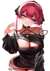 Rule 34 | 1girl, alternate costume, black bra, black collar, black panties, black sweater, window blinds, bra, bra pull, breasts, cleavage, cleavage cutout, clothes pull, clothing cutout, collar, hand up, heterochromia, highres, hololive, houshou marine, large breasts, leaning forward, long hair, looking at viewer, lumium, no pants, off-shoulder sweater, off shoulder, panties, panty pull, parted lips, pulling own clothes, red eyes, red hair, simple background, solo, strap slip, sweater, twintails, underwear, virtual youtuber, white background, yellow eyes