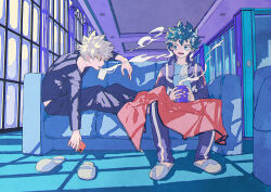Rule 34 | 2boys, alternate hair color, aqua eyes, aqua hair, bakugou katsuki, blanket, blue pants, blue shirt, blurry, blurry background, boku no hero academia, bright pupils, ceiling, cel shading, chromatic aberration, clothes writing, commentary request, couch, cup, curly hair, diamond-shaped pupils, diamond (shape), disposable cup, eyebrows hidden by hair, feet on chair, film grain, fingernails, freckles, full body, grey footwear, grey hair, hand up, hands up, high collar, highres, holding, holding phone, in-universe location, indoors, jacket, leaning forward, ligne claire, long sleeves, looking at another, looking to the side, male focus, midoriya izuku, mouth hold, mug, multiple boys, on couch, open clothes, open jacket, open mouth, pants, partial commentary, perspective, phone, profile, red eyes, scar, scar on hand, shadow, shirt, short hair, sidelighting, sideways glance, slippers, smile, souko (floyd), spiked hair, steam, symbol-shaped pupils, t-shirt, teeth hold, track jacket, track pants, track suit, u.a. gym uniform, unworn slippers, white pupils, window, window shadow, winter uniform