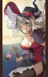 Rule 34 | 1girl, breasts, broom, broom riding, broomstick, catherine (isekai: slow life), cleavage, flower, grey hair, hat, isekai: slow life, lantern, large breasts, purple eyes, rose, solo, thighhighs, witch, witch hat