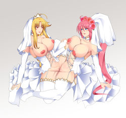 Rule 34 | 2girls, arm support, blonde hair, blue eyes, blush, grabbing another&#039;s breast, breasts, breasts out, clothed sex, collarbone, commission, couple, dress, eye contact, fate testarossa, flower, flower on head, grabbing, hair between eyes, hair ornament, hand on another&#039;s leg, large breasts, leaning back, lingerie, lipstick, long hair, looking at another, lyrical nanoha, mahou shoujo lyrical nanoha, mahou shoujo lyrical nanoha strikers, makeup, multiple girls, naughty face, navel, nipples, pink hair, red eyes, shiny skin, signum, smile, thighhighs, tribadism, uncensored, underwear, veil, wedding dress, wife and wife, yuri