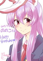 Rule 34 | 1girl, animal ears, birthday, blazer, blush, crescent, dated, english text, hair between eyes, highres, jacket, light purple hair, long hair, looking at viewer, mana (gooney), necktie, purple hair, rabbit ears, red eyes, red necktie, reisen udongein inaba, shirt, signature, simple background, solo, text focus, touhou, white background, white shirt