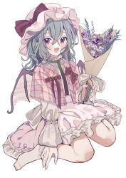 Rule 34 | 1girl, alternate costume, bare legs, barefoot, bat wings, black choker, blue hair, blush, blush stickers, bouquet, bow, choker, collar, fang, flat color, flower, frilled collar, frilled skirt, frills, hat, hat bow, highres, holding, holding bouquet, jacket, lace, long bangs, long sleeves, medium hair, mob cap, open mouth, pink hat, pink jacket, pink skirt, purple flower, red bow, red eyes, remilia scarlet, shirt, sitting, skirt, skirt set, smile, solo, tamagogayu1998, touhou, wariza, wavy hair, white bow, white flower, white shirt, wide sleeves, wings