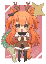 Rule 34 | 1girl, absurdres, alternate costume, animal costume, animal ears, antlers, bare shoulders, black bow, black gloves, black shorts, black thighhighs, blush, border, bow, brown dress, chibi, clenched hands, commentary request, dress, ear bow, ear ornament, full body, fur-trimmed dress, fur-trimmed gloves, fur trim, gloves, hair between eyes, highres, horns, horse ears, horse girl, horse tail, long hair, looking at viewer, mayano top gun (umamusume), nankanashi, off-shoulder dress, off shoulder, open mouth, orange eyes, orange hair, red background, reindeer antlers, reindeer costume, shorts, smile, solo, tail, thighhighs, translation request, two side up, umamusume, very long hair, white border