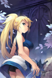 Rule 34 | 1girl, bare arms, bare shoulders, blonde hair, blue eyes, btoor, door, flower, holding, long hair, lowres, midriff, night, odien (sword girls), open mouth, petals, ponytail, shirt, shorts, sleeveless, solo, sports bra, sword, sword girls, tied shirt, weapon, wind