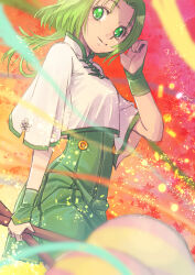 Rule 34 | 1girl, akimoto komachi, autumn leaves, blurry, blurry foreground, chinese clothes, closed mouth, commentary request, cowboy shot, depth of field, dress, gloves, green dress, green eyes, green gloves, green hair, half gloves, hand in own hair, high collar, holding, jj (ssspulse), light particles, long hair, looking at viewer, precure, shirt, short dress, short sleeves, smile, solo, standing, white shirt, wind, yes! precure 5