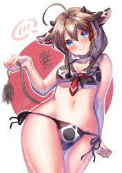 Rule 34 | 1girl, 2021, ahoge, animal ears, animal print, artist name, blue eyes, blush, braid, breasts, brown hair, chinese zodiac, closed mouth, collarbone, cow ears, cow girl, cow horns, cow print, cow tail, embarrassed, hair between eyes, hair flaps, highres, horns, ittokyu, kantai collection, long hair, medium breasts, shigure (kancolle), shigure kai ni (kancolle), signature, single braid, solo, tail, year of the ox