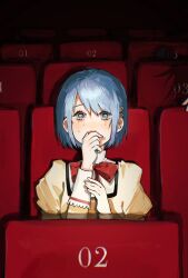 Rule 34 | 1girl, 1other, blue eyes, blue hair, bow, bowtie, brown jacket, chair, commentary, covering own mouth, crying, english commentary, hair ornament, hairclip, highres, jacket, looking afar, mahou shoujo madoka magica, miki sayaka, mitakihara school uniform, movie theater, red bow, red bowtie, school uniform, ziyin
