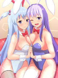 Rule 34 | 2girls, ;d, animal ears, arukari, asymmetrical docking, bad id, bad pixiv id, blue hair, bow, bowtie, breast press, breasts, commentary request, detached collar, erina (rabi-ribi), fake animal ears, fishnets, hair bobbles, hair ornament, holding hands, interlocked fingers, large breasts, long hair, looking at viewer, multiple girls, noah (rabi ribi), one eye closed, open mouth, playboy bunny, purple eyes, purple hair, rabbit ears, rabbit girl, rabi-ribi, single thighhigh, smile, sparkle, thighhighs, two side up, very long hair, white legwear, wrist cuffs