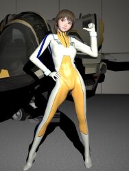Rule 34 | 1girl, 3d, asian, bodysuit, boots, brown eyes, brown hair, choujikuu yousai macross, commentary request, gloves, hangar, highres, lips, looking at viewer, macross, missile pod, original, pilot suit, pit1208, pointing, pointing at another, realistic, science fiction, spacecraft, spacesuit, starfighter, variable fighter