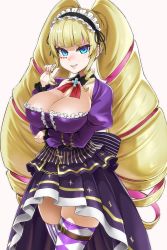 Rule 34 | 1girl, asanagi, blonde hair, blue eyes, blunt bangs, breast hold, breasts, cleavage, collarbone, cross, curly hair, deep web underground, deep web underground (character), detached sleeves, dress, drill hair, frilled hairband, frilled sleeves, frills, grin, hairband, highres, large breasts, lips, lipstick, long hair, long sleeves, looking at viewer, makeup, multicolored hair, nail polish, parted lips, pink background, pink hair, puffy long sleeves, puffy sleeves, purple dress, purple thighhighs, sidelocks, simple background, skindentation, smile, solo, tattoo, thigh strap, thighhighs, twin drills, v-shaped eyebrows, very long hair, virtual youtuber
