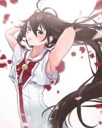 Rule 34 | 1girl, akira ferrari, aogirism, aria (manga), armpits, arms up, blush, bow, bowtie, brown eyes, brown hair, collarbone, commentary request, dress, earrings, eyelashes, falling petals, floating hair, hair between eyes, highres, himeya company uniform, jewelry, long hair, looking at viewer, parted lips, petals, print dress, red bow, red bowtie, solo, standing, very long hair, white dress