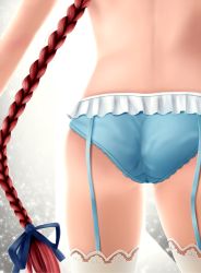 Rule 34 | 1girl, ass, bare back, blue panties, blue ribbon, braid, cameltoe, frills, from behind, garter belt, grey background, hair ribbon, harusame kiruke, highres, kurosaki mea, lace, lace-trimmed legwear, lace-trimmed panties, lace trim, lingerie, long hair, low-tied long hair, lower body, panties, red hair, ribbon, simple background, single braid, solo, standing, thighhighs, to love-ru, underwear, very long hair, white thighhighs