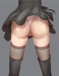 Rule 34 | 1girl, ass, ass focus, black thighhighs, cameltoe, close-up, dress, from behind, grey background, hepu, leotard, lower body, nier (series), nier:automata, simple background, skindentation, solo, thighhighs, view between legs, white leotard, 2b (nier:automata)